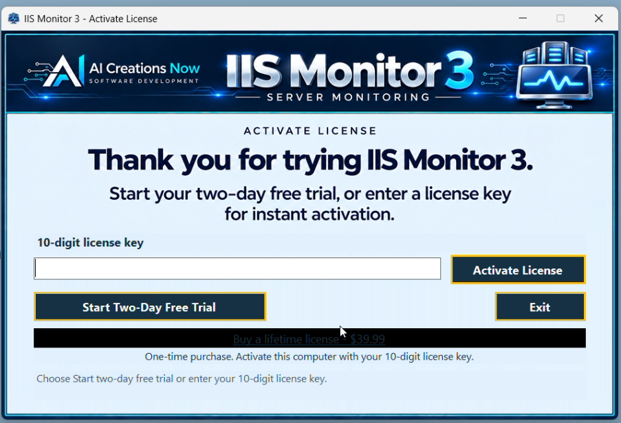 Actual first-use activation window with empty 10-digit key field, Activate License, Start Two-Day Free Trial, Exit, and the $39.99 lifetime purchase link.