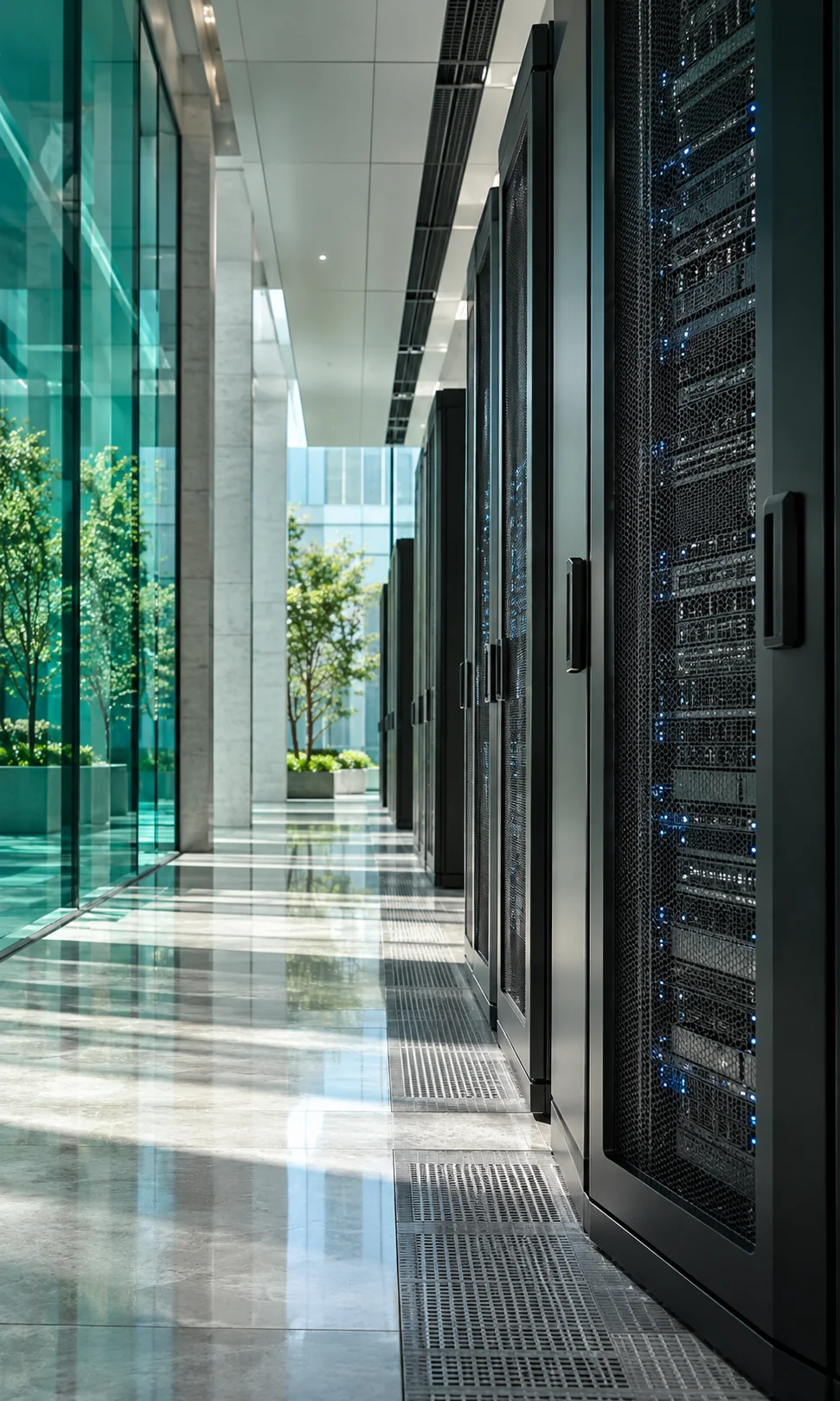 A quiet architectural view of a modern data center in deep teal and pearl tones