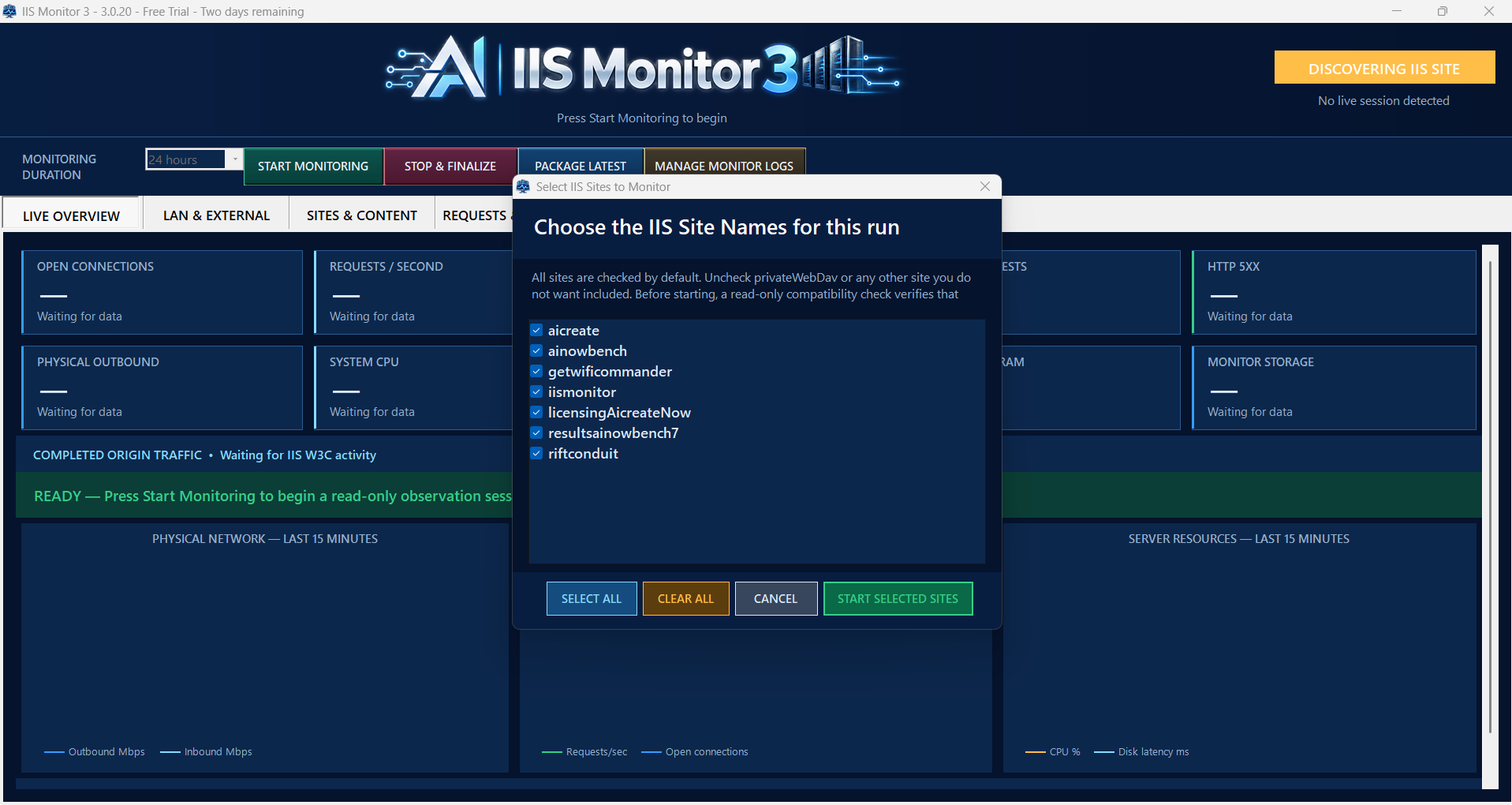 Pre-start site selection dialog with seven checked IIS site names, Select All, Clear All, Cancel, and Start Selected Sites, over the initial dashboard.