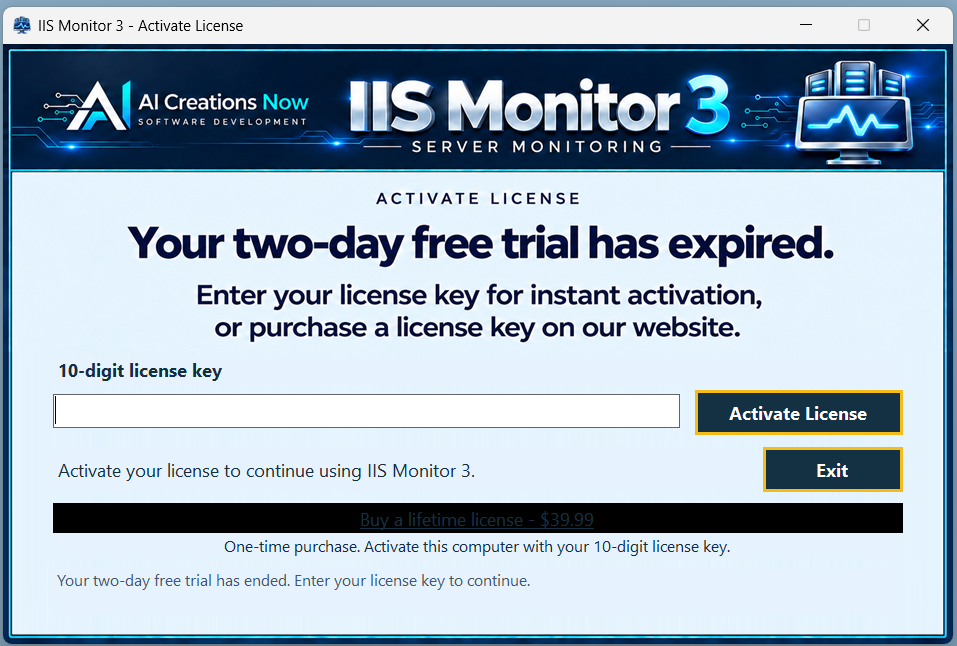 Actual expired two-day trial window with empty 10-digit key field, Activate License and Exit buttons, and the $39.99 lifetime purchase link.